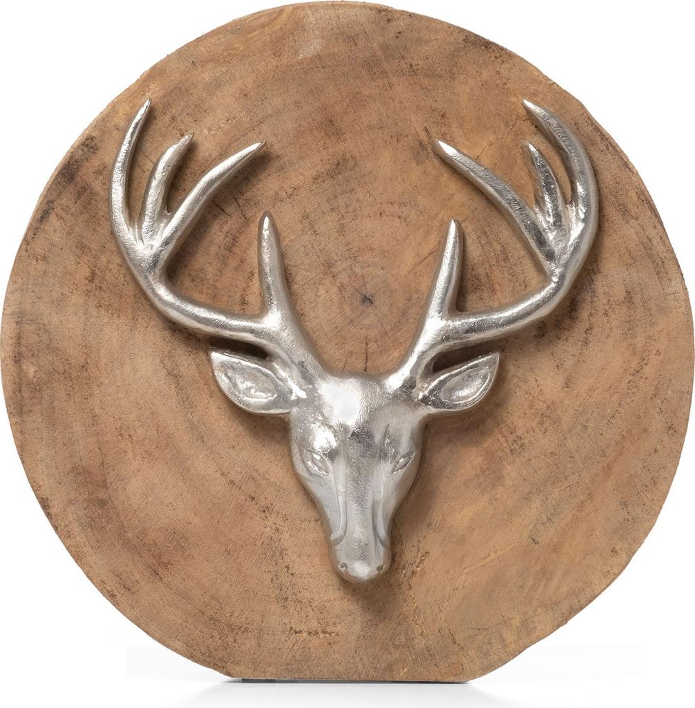 Weihnachtsdeko Hirschkopf 29 cm aus Mangoholz und Aluminium handgefertigte Dekofigur auf rundem Holzsockel edle Tischdekoration für das Wohnzimmer