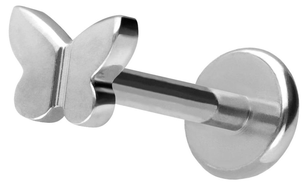 Ohrpiercing, Nasenpiercing Titan Labret mit Push Fit SCHMETTERLING Silber Stablänge: 10mm | Stabstärke: 1mm | Discgröße: 4,5mm