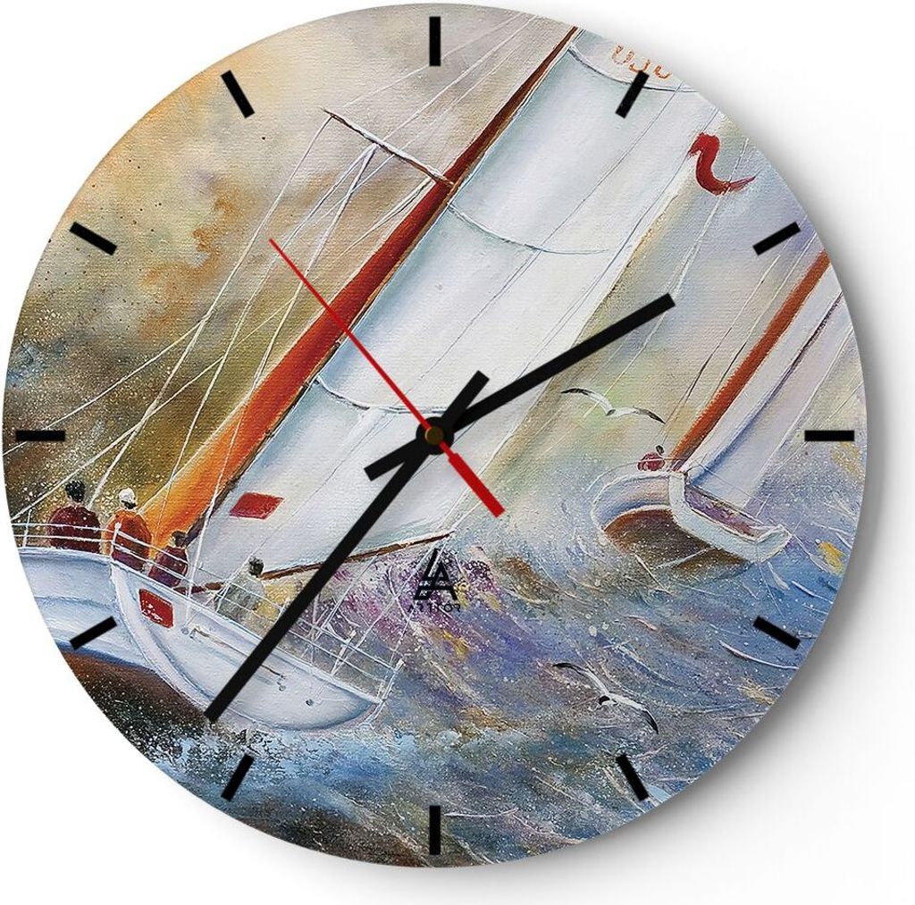 Wanduhr - Rund - Glasuhr - Segelboot Bild Regatta - 40x40cm - Schleichendes Uhrwerk - Lautlos - zum Aufhängen bereit - Dekoration Modern - Wanddek...