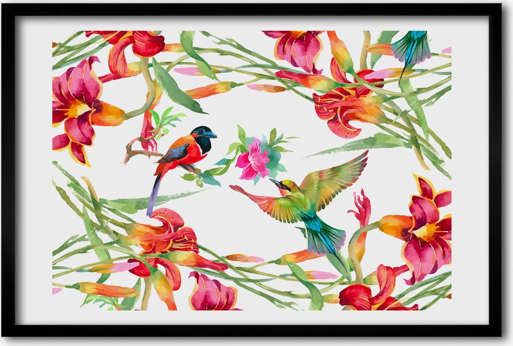 Bild 60x40 MDF-Rahmen, Wandkunst exotische Vögel