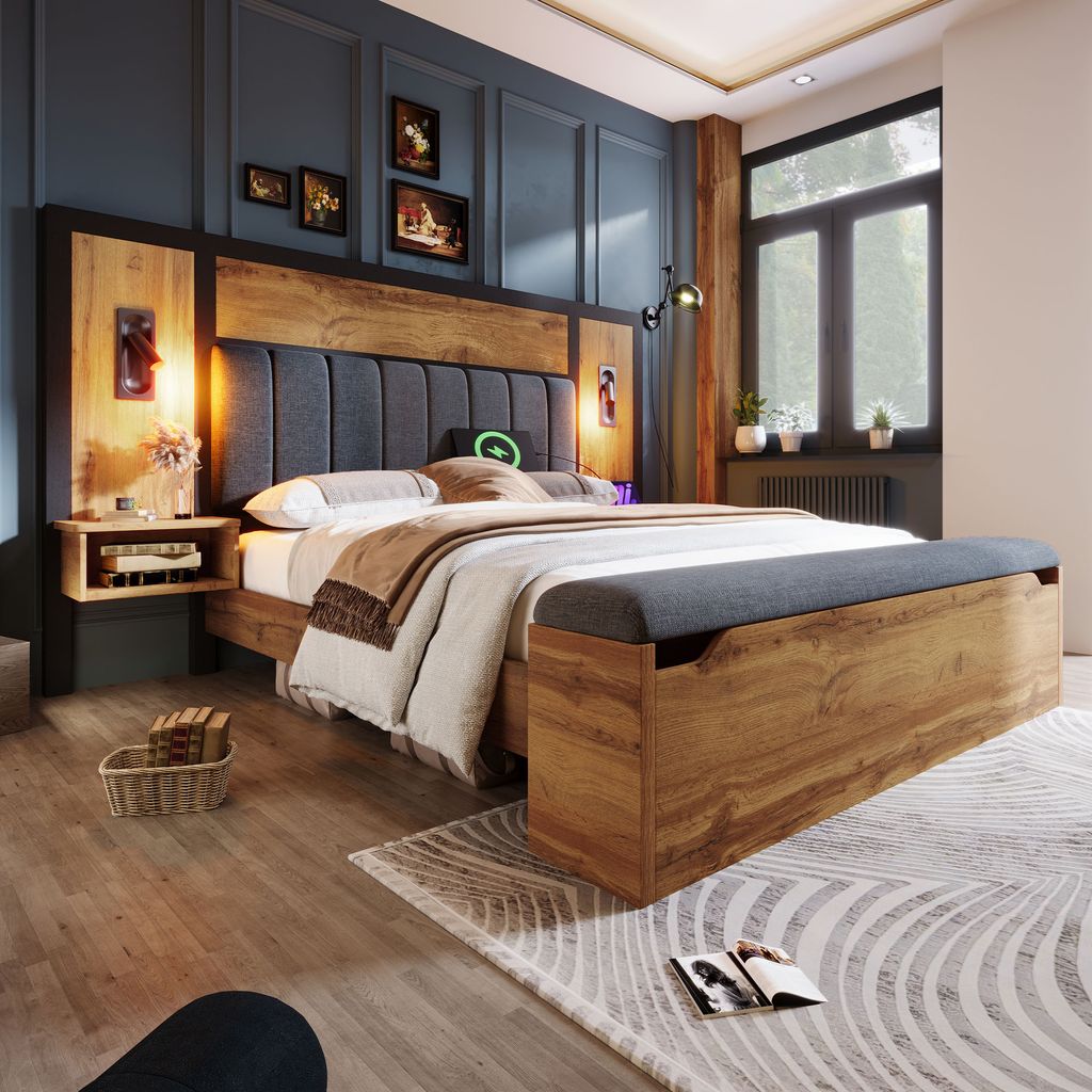 MODFU Doppelbett Holzbett 160×200cm mit Gepolstertes Kopfteil, Bettanlage mit Leselampe und USB C Nachttisch und Sitzbank mit Stauraum, Bettgestel...
