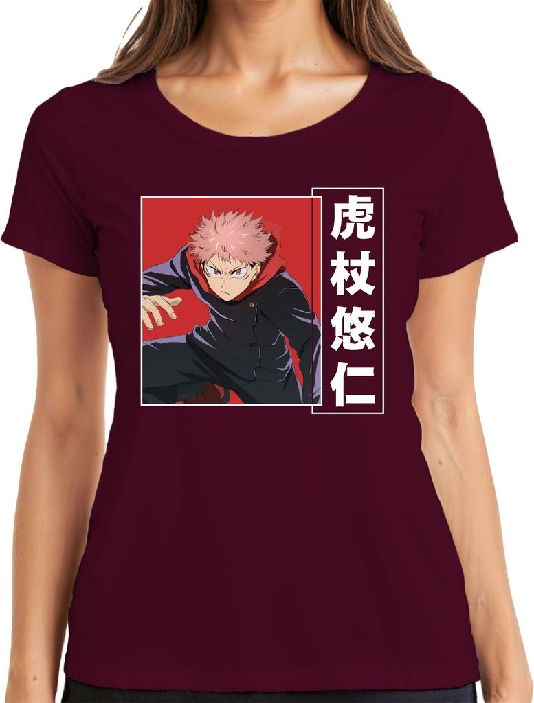 Jujutsu Kaisen Yuji Itadori Anime Manga Geschenk Fan Action Damen T-Shirt, Burgundy, XL