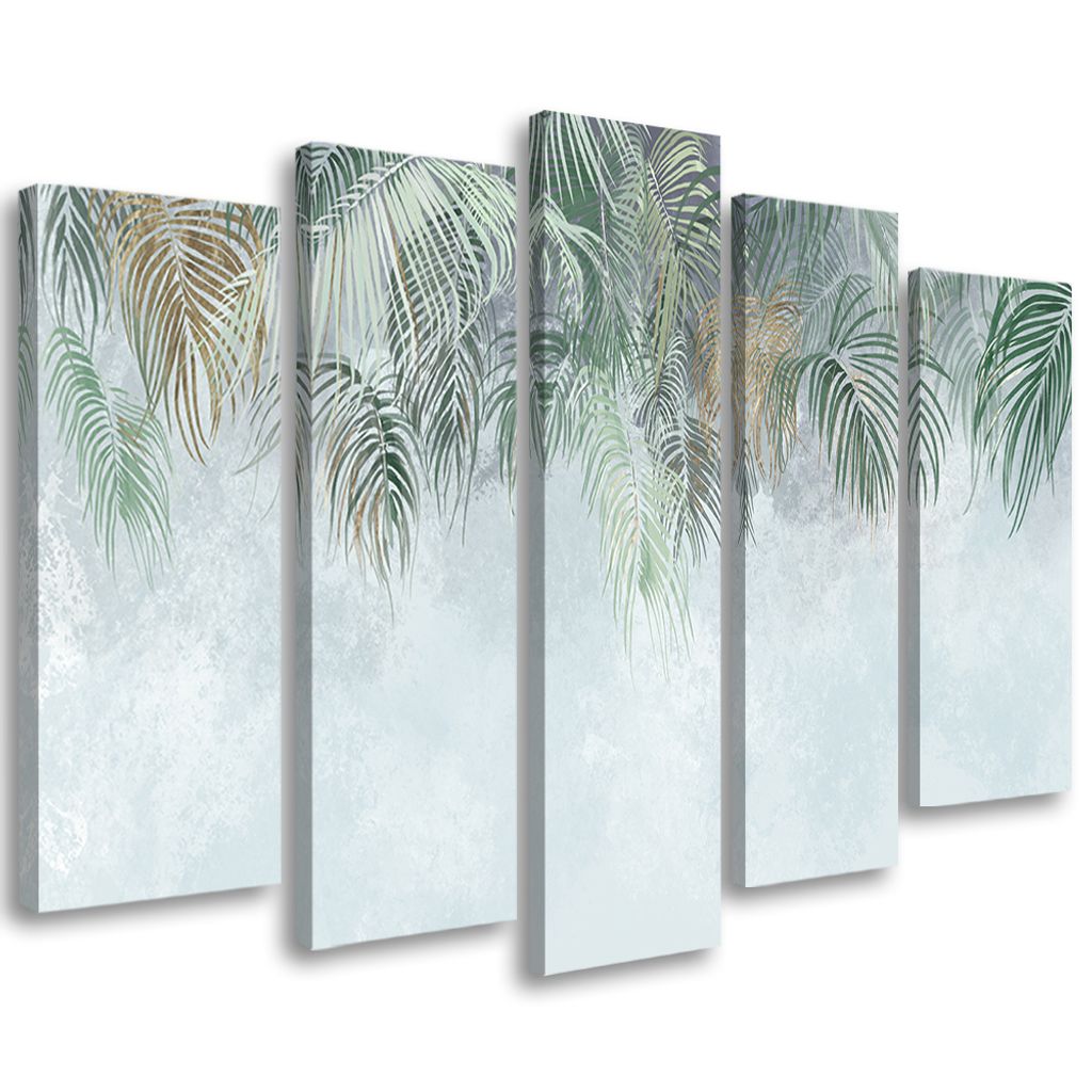 5-teiliges leinwandbild palmenblätter 150x100 cm Feeby türkis wandbild bereit zum aufhängen