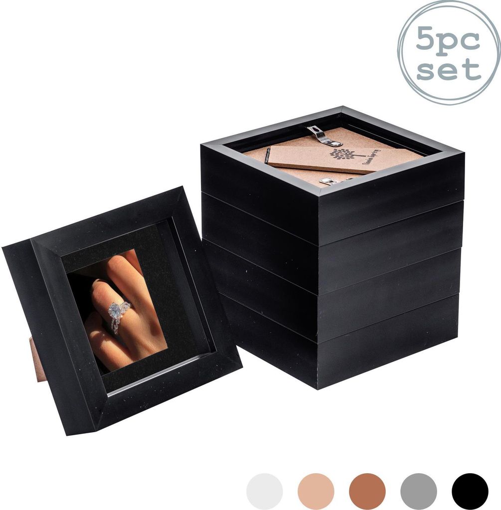 Nicola Spring 5 Stück 4 x 4 3D Shadow Box Photo Frame Set - Craft Anzeigen Bilderrahmen mit 2 x 2 Montieren - Glas Aperture - Schwarz / Schwarz