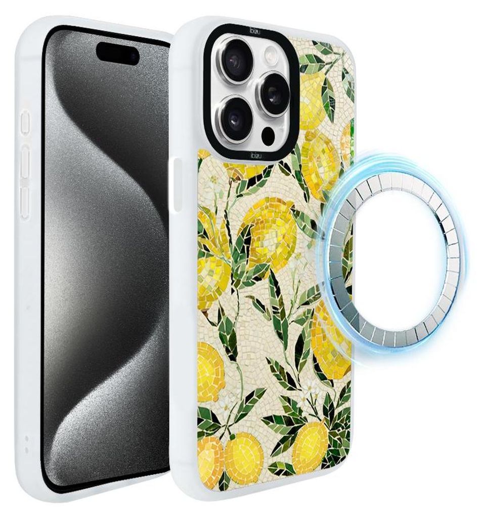 Schutzhülle für das iPhone 15 Pro Max, MagSafe-kompatibel, mattweiße Seiten, Obst, Zitronen, Mosaik