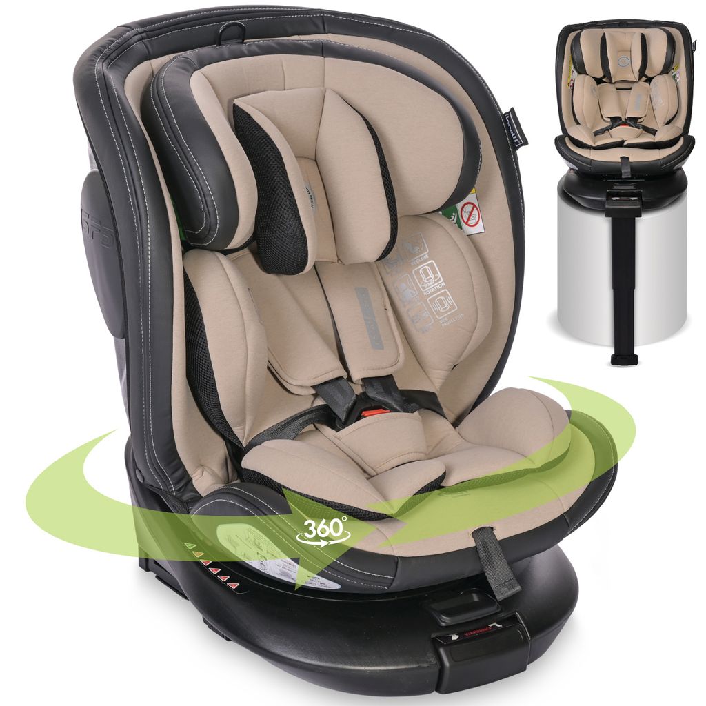 Lorelli Auto Kindersitz Estate mit Isofix Basis und Stabilisierungsbein, Mitwachsender Autositz i-Size 40-150cm, Babysitz, 360 Grad drehbar, beige