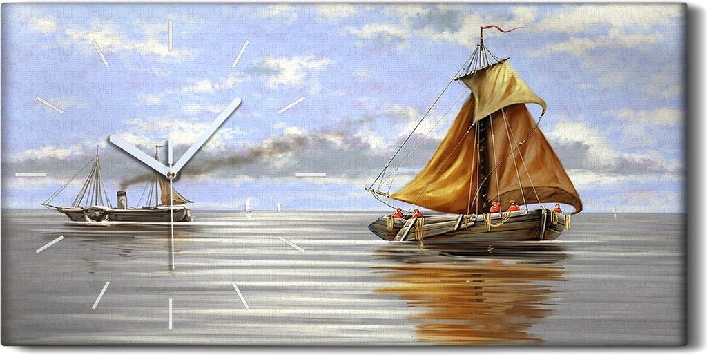 Wandbild Leinwand Bilder mit Uhr 60x30 Meer Landschaft Schiffe Digitale Kunst - weiße Hände