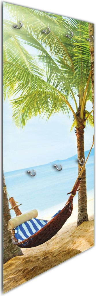 Wallario Flurgarderobe Wandgarderobe aus Glas, mit 7 Haken, Größe 50 x 125 cm, Motiv Hängematte in der Karibik