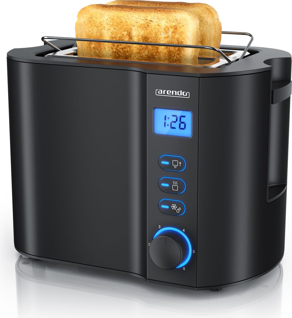 Arendo 2-Scheiben Toaster mit 6 Bräunungsstufen, LCD-Display mit Restzeitanzeige, 800 Watt, Auftaufunktion, Brötchenaufsatz, Schwarz