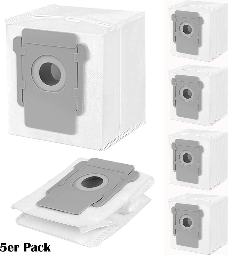 A collage of vacuum cleaner dust bags, with one bag shown in detail and others stacked.