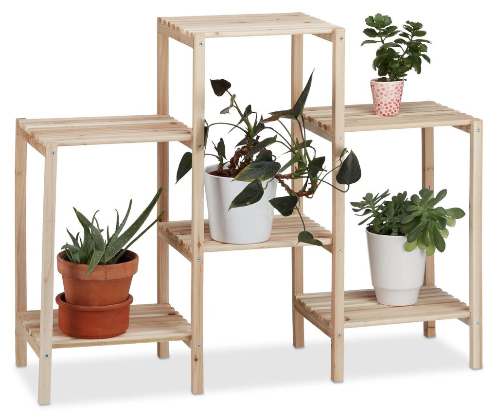 Pflanzenständer aus Holz, für den Innenbereich, robust, rustikal, rostfrei, Massivholz, Blumenregal, H x B x T: 70 x 89 x 27 cm, natur