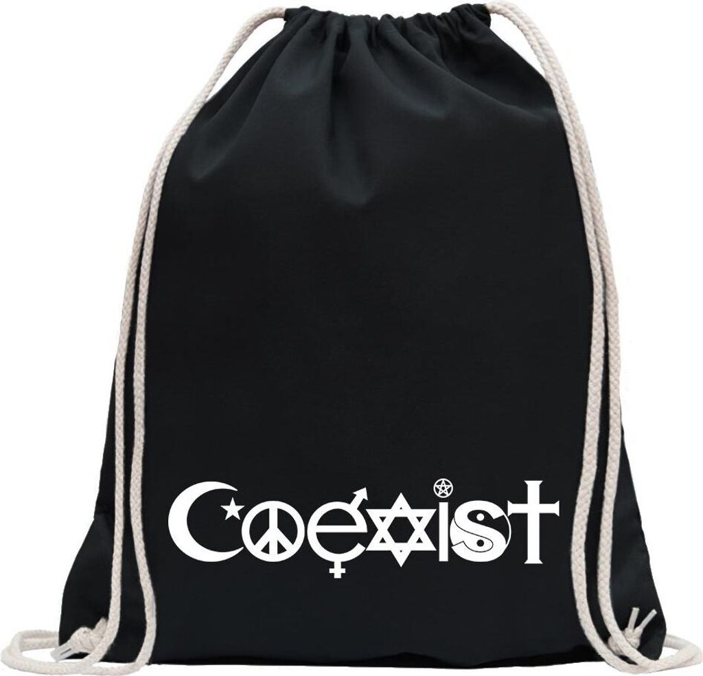 Kiwistar - Turnbeutel - schwarz - Coexist Symbole - Fun Rucksack Sport Beutel Gymsack Baumwolle mit Ziehgurt