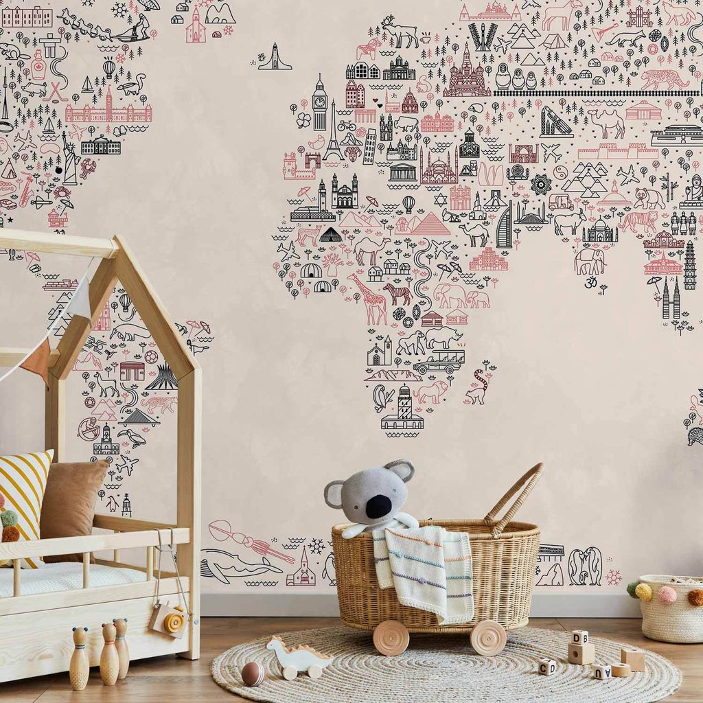 Vlies Fototapete - Map With Icons - Cartoon Representation of the World in Pastel Colours 350x245 cm Für Kinder e-C-10077-a-a
