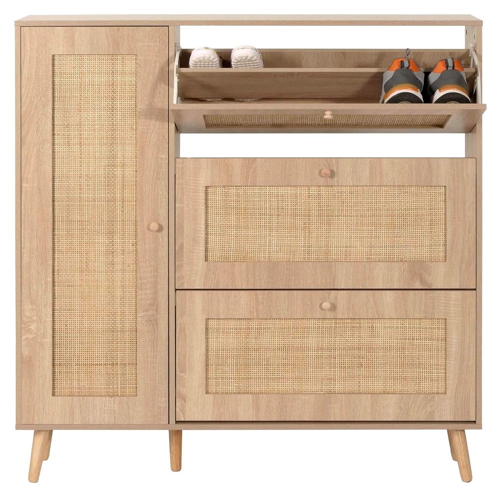 Rattan-Schuhkipper, Schuhregal mit 3 Kippfächern und 2 Regalböden, 127x120x24cm, Holz Melamin - Eiche-Optik
