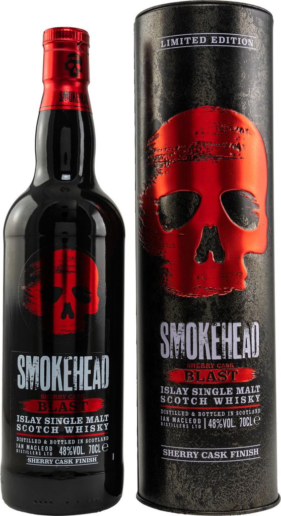 A bottle of Smokehead Sherry Cask Blast Islay Single Malt Scotch Whisky and its accompanying tube packaging.