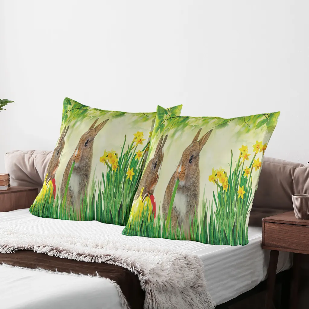 RABUSOFA Federe Per Cuscini Pasquali, 30,5 X 50,8 Cm, Motivo Coniglietto Primaverile Con Fiori, In Lino Naturale, Decorazione Per Casa E Divano
