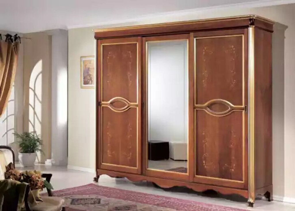 Brauner Klassischer Massivholz Kleiderschrank Spiegel Schlafzimmer Möbel JVmoebel