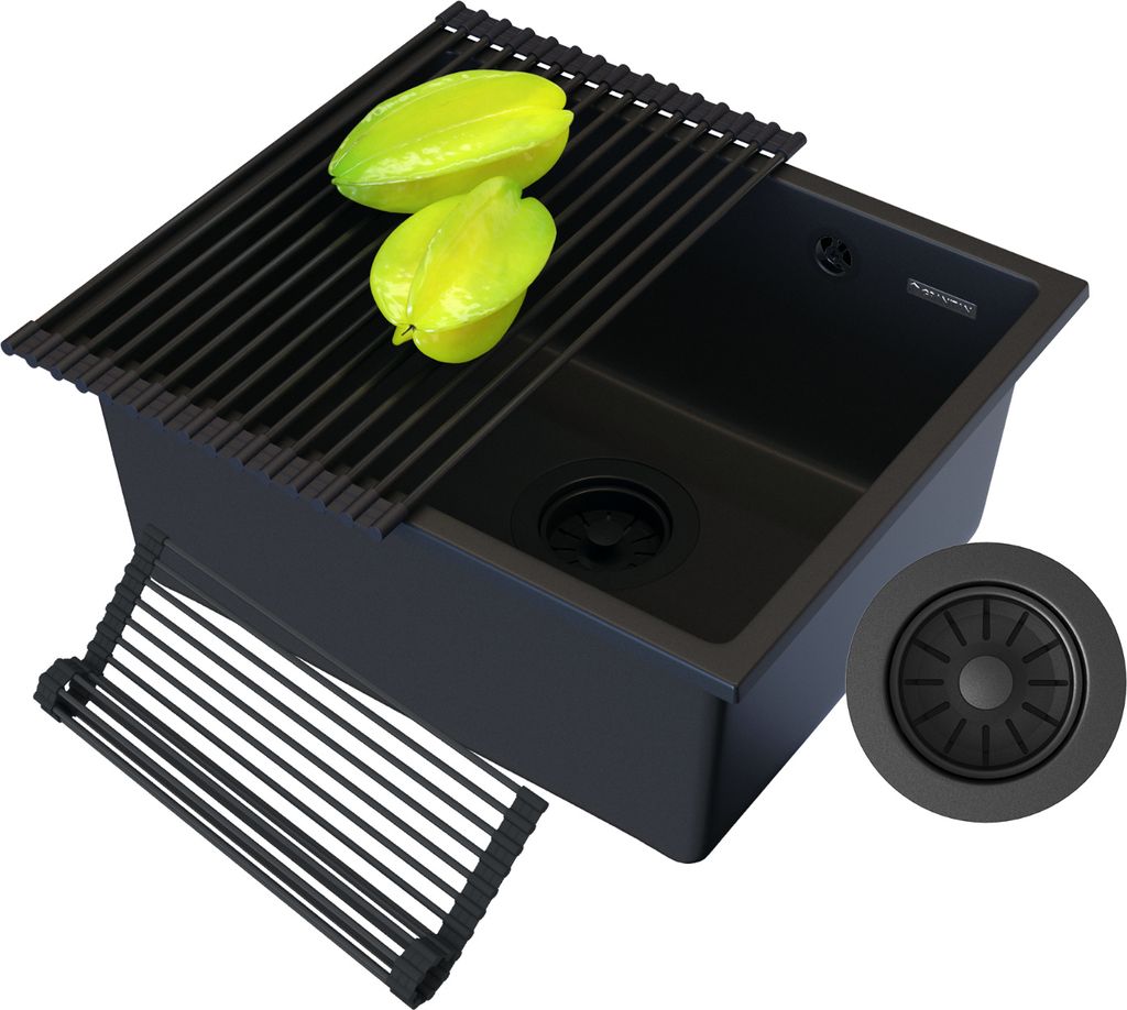 Granitan | Granitspüle MANADO 50 - Schwarz - Elegantes Design - Platzsparender Syphon