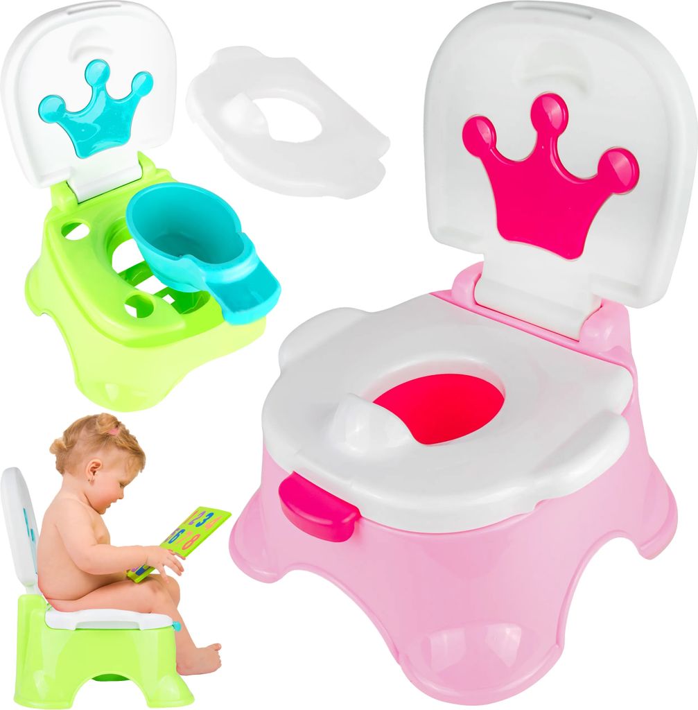 A collage of baby potty training products, including two different colored potties and a baby sitting on one of them.