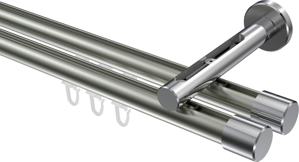 Interdeco Innenlaufstange / Gardinenstange mit Innenlauf Edelstahl-Optik / Chrom, Typ Siteno Santo (Kappe), 20 mm Ø 2-läufig, 160 cm