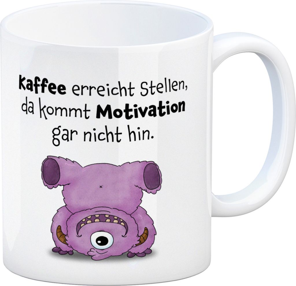 Freches Monster in rosa Kaffeebecher mit lustigem Spruch