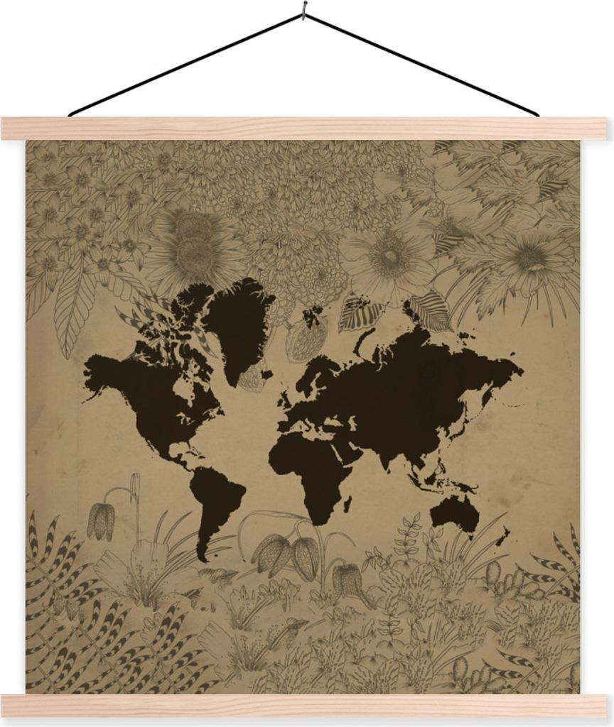 MuchoWow Textilposter Weltkarte - Grün - Pflanzen 120x120 cm mit holzfarbenen Rahmen - Textil-Poster