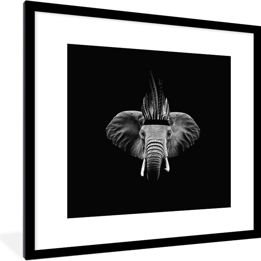 MuchoWow Gerahmtes Poster Elefant - Federn - Hut - Schwarz - Weiß 40x40 cm - Poster mit Schwarzem Bilderrahmen Wandposter Rahmen Foto Bilder - P...