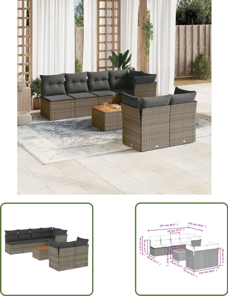 The Living Store 8-tlg. Garten-Sofagarnitur mit Kissen Grau Poly Rattan