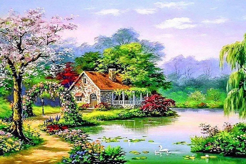 Broderie de diamants Maison d'été 55x75 cm - Kit de Diamond Painting Complet