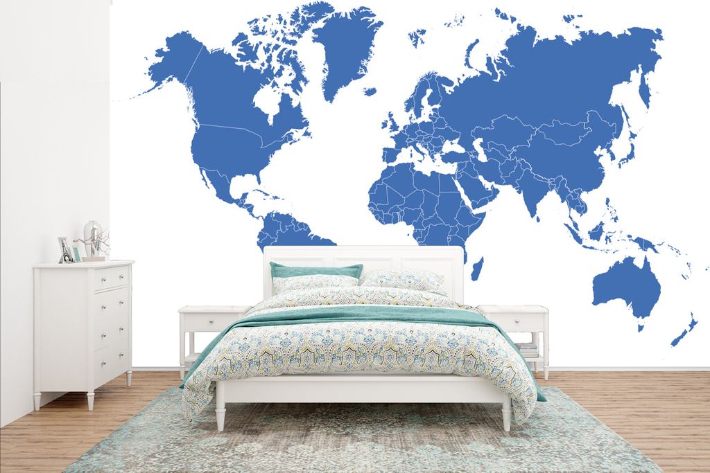 MuchoWow Fototapete für Wohnzimmer oder Schlafzimmer Wandtapete Vinyl Motivtapete Weltkarte - Blau - Minimalismus - 400x240 cm - Gemustert