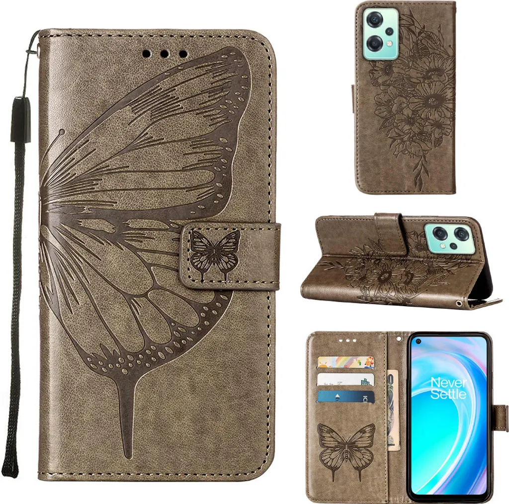 OnePlus Nord CE 2 Lite 5G Case, Butterfly Emboss Flip Custodia in pelle con slot per schede e supporto per OnePlus Nord CE 2 Lite 5G Grigio