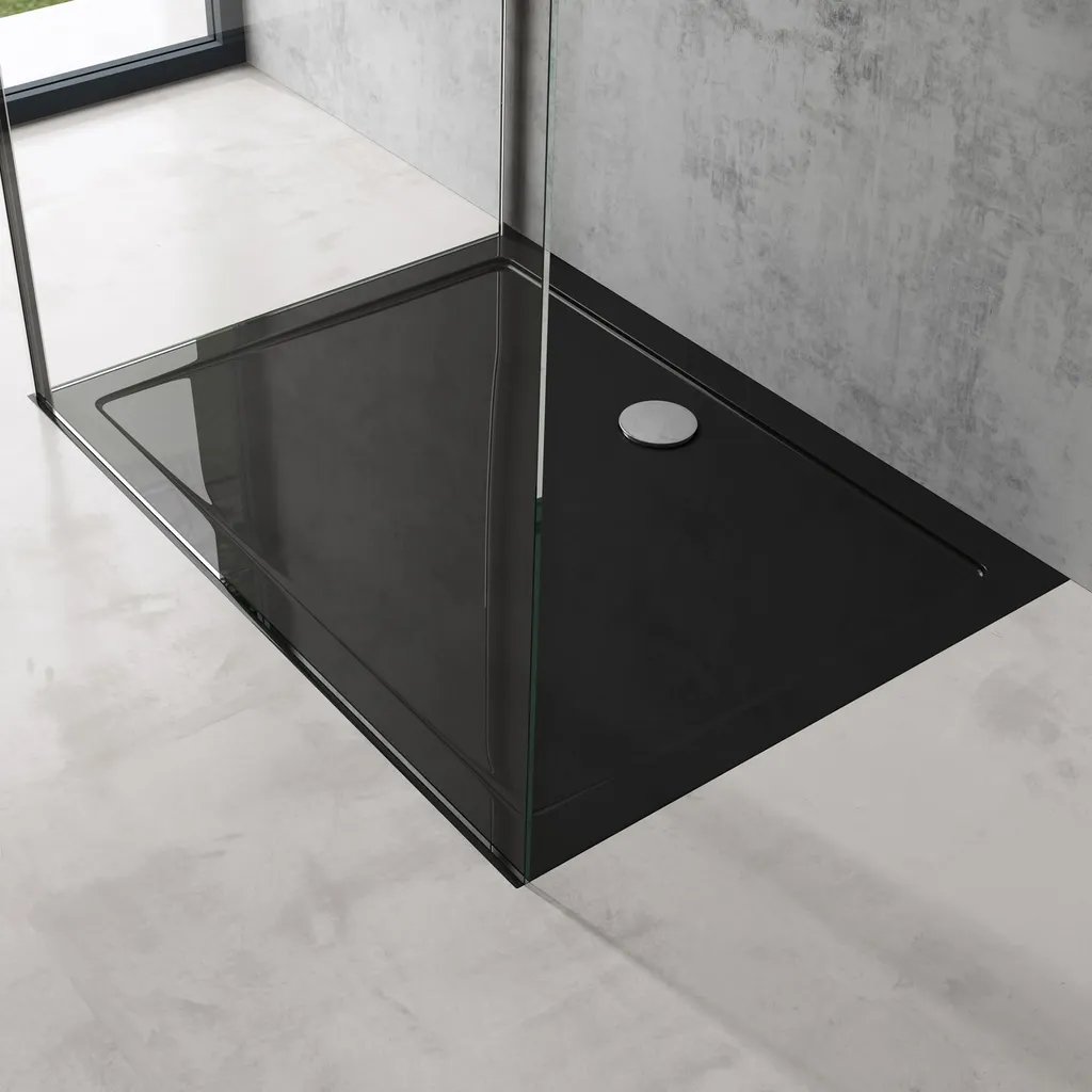 doporro Piatto Doccia 75x90 cm Rettangolare in Acrilico Rinforzato nero, Altezza 4 cm Ultrasottile, con Piletta di Scarico Cromata Inclusa - Faro2