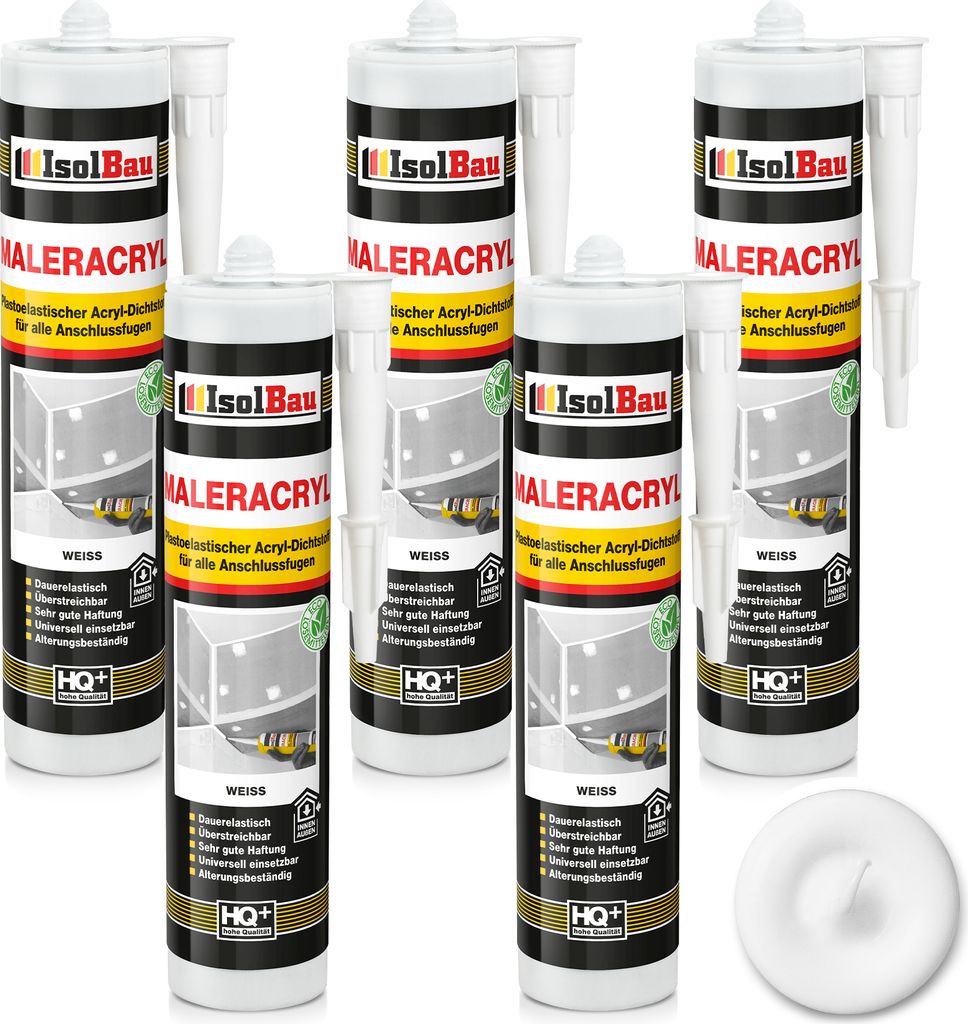 Isolbau Maleracryl 5 x 300 ml Weiß - Plastoelastischer Acryl-Dichtstoff zum Abdichten von Fugen im Innen- & Außenbereich - Kartusche