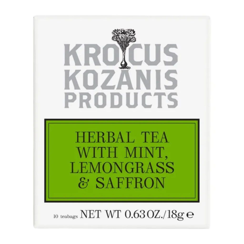 Krocus Kozanis Kräutertee Minze Zitronengras Safran 18 g Verpackung auf Weiß