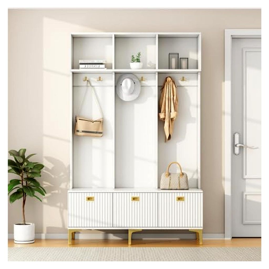 Garderobenset mit Sitzbank und 6 goldenen Haken | Multifunktionales Flurmöbel mit Stauraum | Moderne Garderobe für Flur und Wohnzimmer | Weiß, 1...