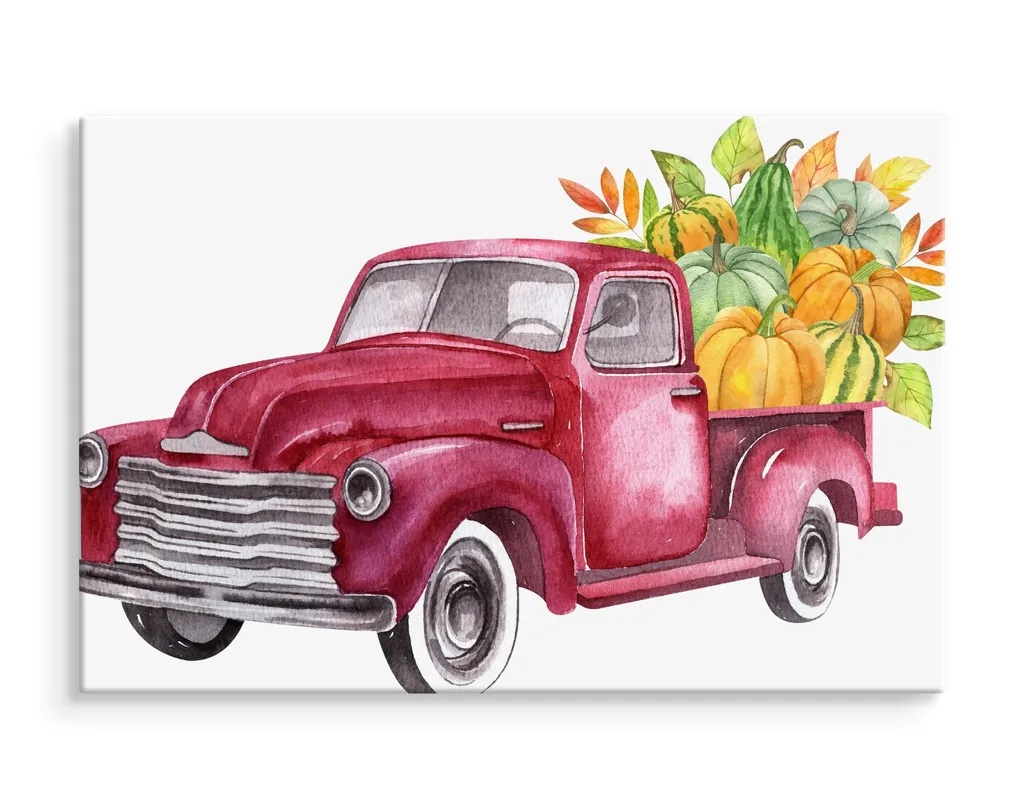 Quadro Vintage Autunno XXL 120x80 - Tela Artistica Zucca e Auto d'Epoca - 3