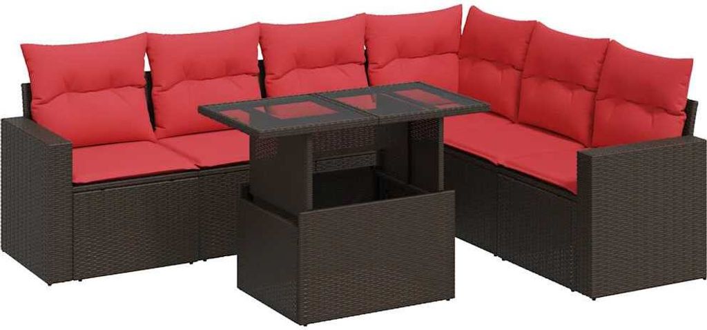 vidaXL 7-tlg. Garten-Sofagarnitur mit Kissen Grau Poly Rattan Akazie
