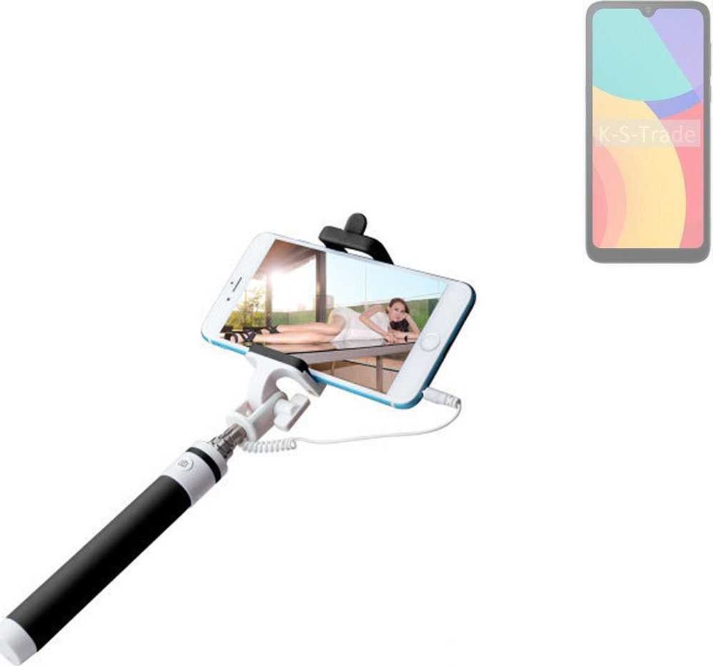 K-S-Trade Selfie Stick kompatibel mit Alcatel L1 (2021) Selfiestick kabelgebunden Monopod mit Kabel Stab Stange Selfportrait Handheldstick schwarz 1x