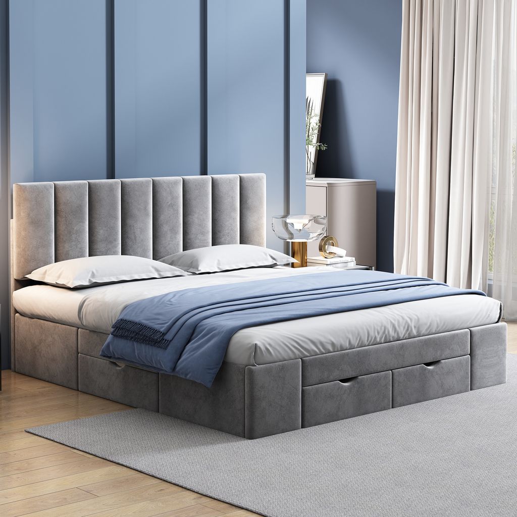 MODFU Polsterbetten 160x200cm mit 4 Schubladen und Lattenrost, Funktionsbett Stauraumbett Doppelbett(Ohne Matratze),Grau