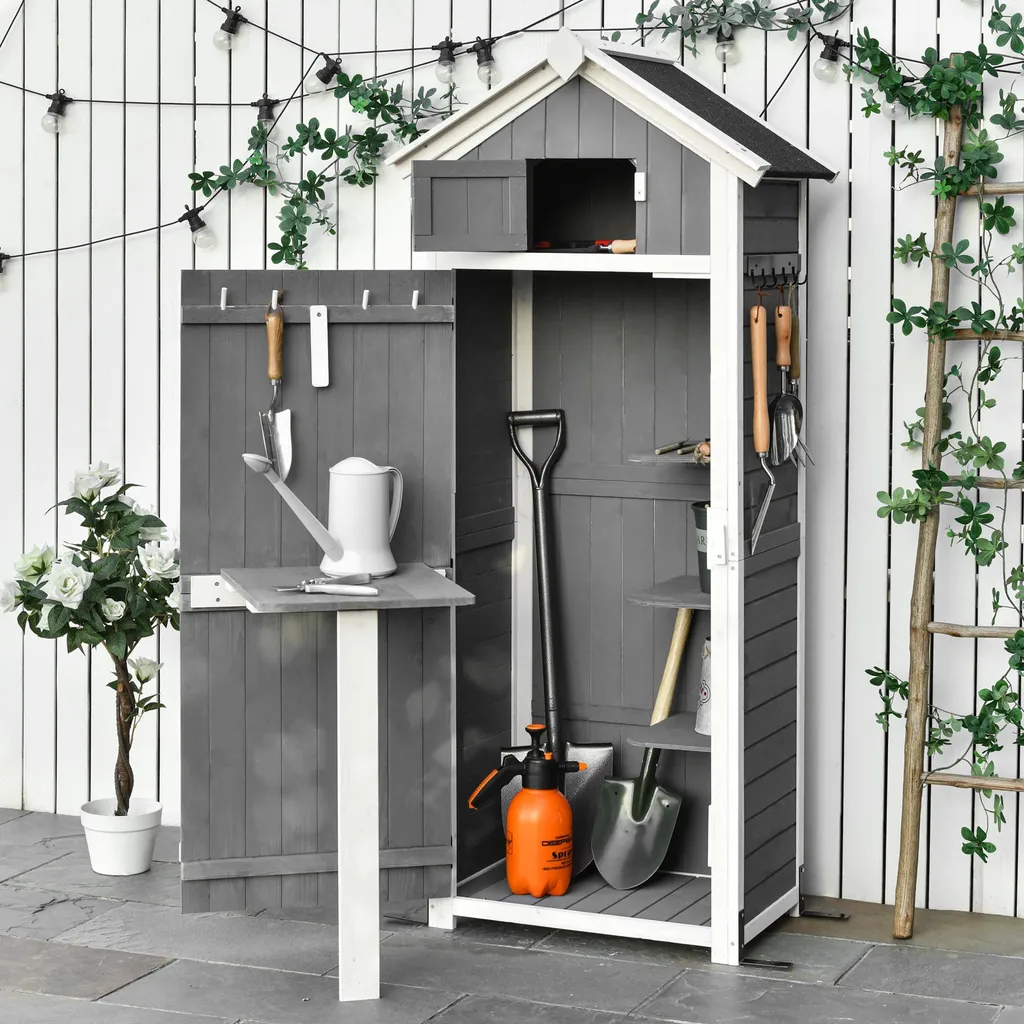 Abri à outils en bois massif gris foncé avec table de rempotage intégrée
