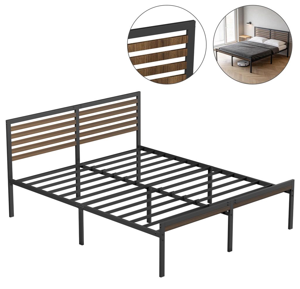 XMTECH Kovová posteľ 140x200 cm, čierna, vzhľad dreva – Obrázok produktu 