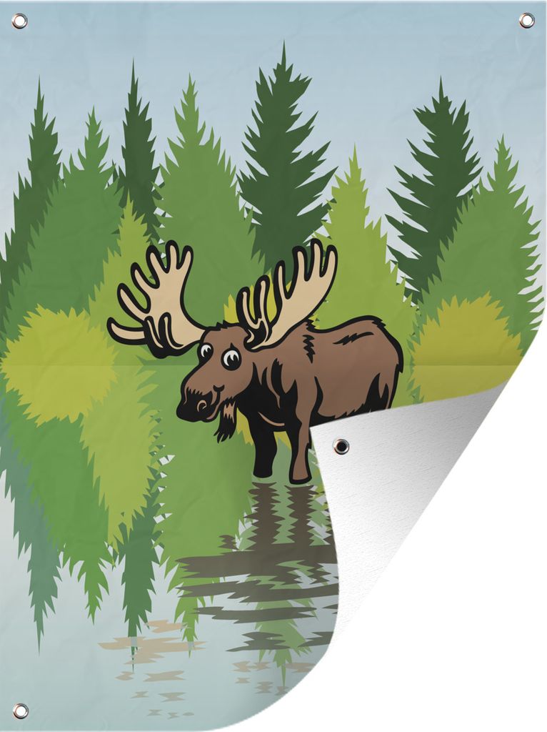 MuchoWow 30x40 cm Outdoor-Poster Gartendeko Sichtschutz Garten Poster für den Garten Eine bunte Illustration eines Elchs im Wasser