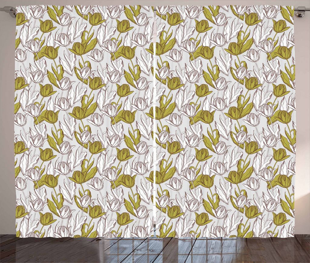ABAKUHAUS Tulpe Rustikaler Gardine, Bouquets Garten Theme Blatt, Schlafzimmer Kräuselband Vorhang mit Schlaufen und Haken, 280 x 225 cm, Olivgrün...