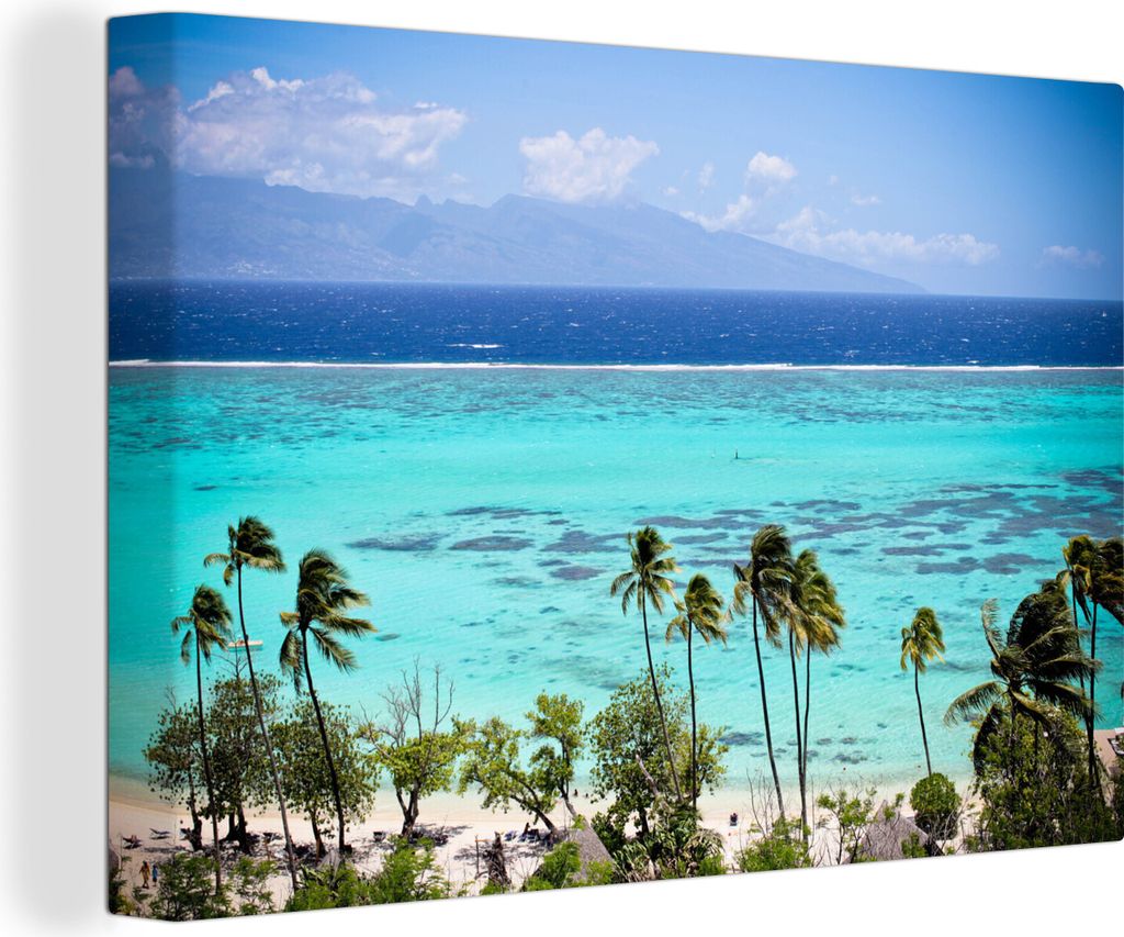 OneMillionCanvasses - Leinwandbilder - 140x90 cm, Palmen an der Küste von Moorea in Französisch-Polynesien, Wandbilder Kunstdruck Wanddekoratio...