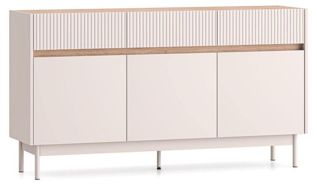 Selsey Dunea – Sideboard 3-türig mit 3 Schubladen, Kaschmirgrau/Eichenholzoptik, 154 cm