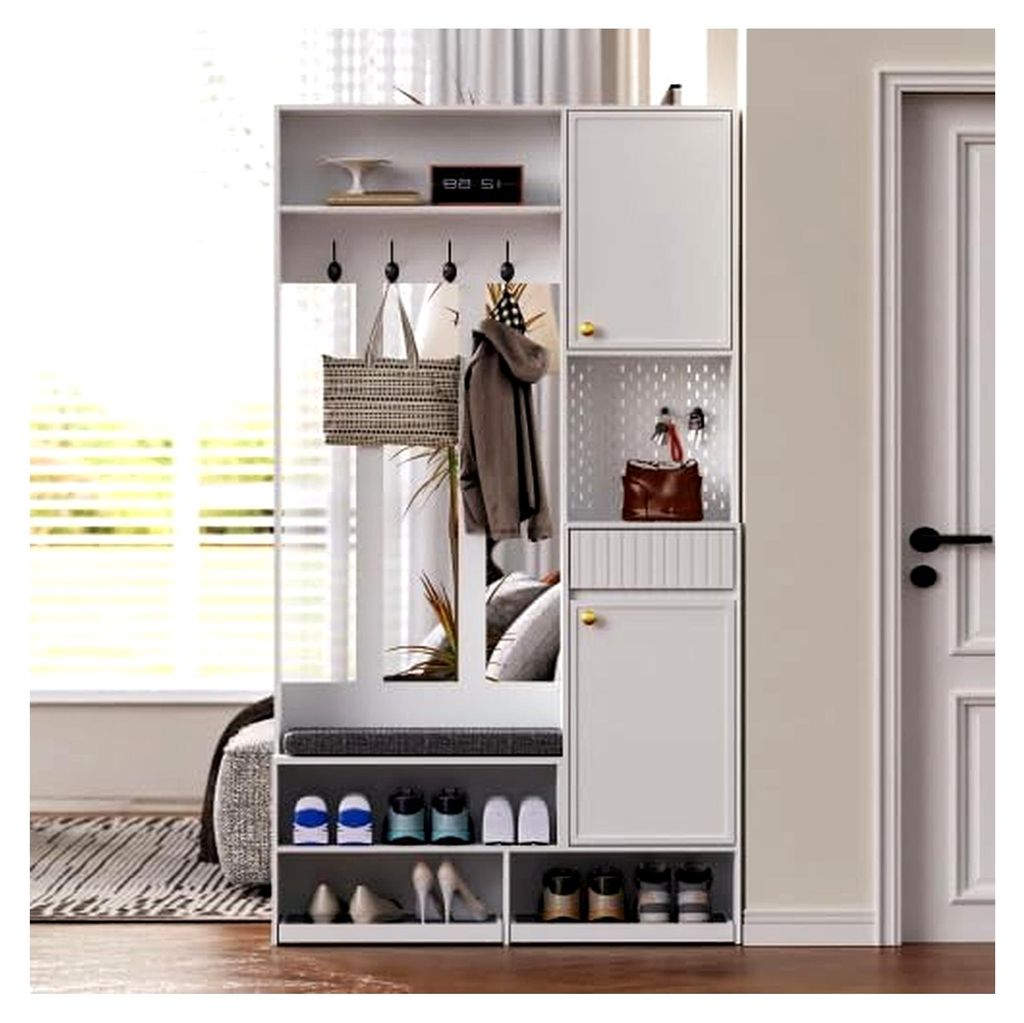 Flurgarderobe Garderobenset Weiß mit Sitzbank und Pegboard - Multifunktionale 100 cm Breite, inkl. 4 Haken, Schubladen und Türen, kompakter Schra...