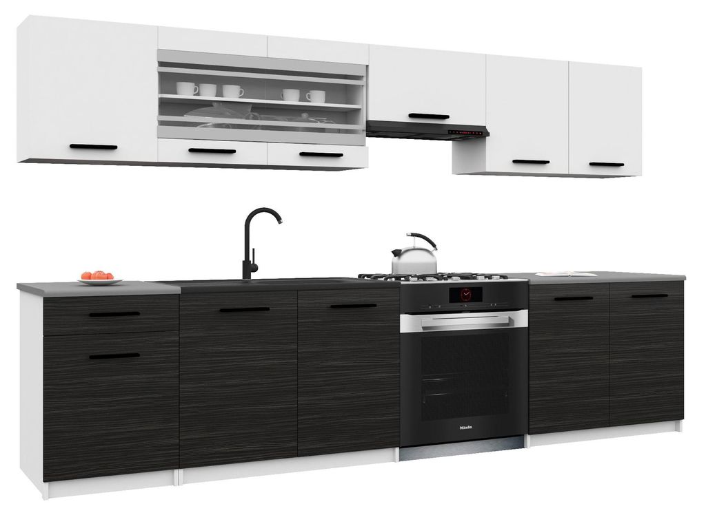 Belini Moderne Küchenzeile Küchenblock ITALIA 4 - Küchenmöbel 260cm Weiß-Ebenholz - Einbauküche mit Hängeschränke, Unterschränke & Arbeits...