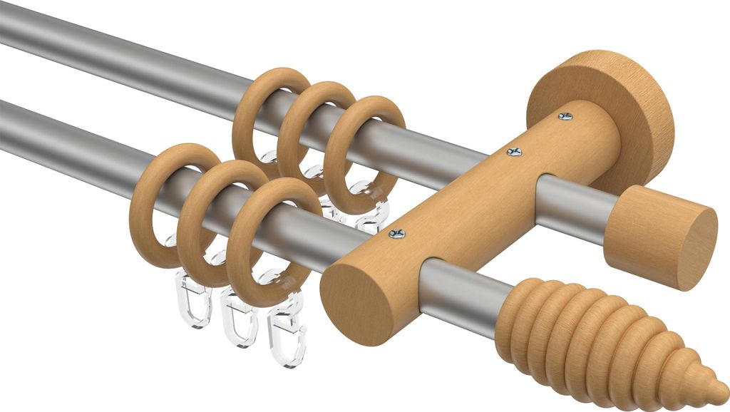 Interdeco Gardinenstange / Vorhangstange Silbergrau / Buche lackiert, Typ Adrian Asta (Rillenform), 16 mm Ø 2-läufig, 540 cm
