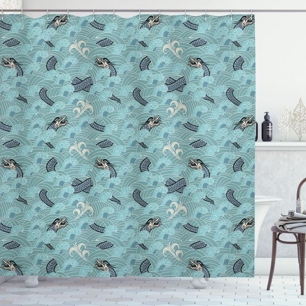 ABAKUHAUS japanische Welle Duschvorhang, Asiatisches Art-Muster mit Dragon Figures und Meereswellen-Mythologie-Monster, 175 x 180 cm, Weiß Teal un...