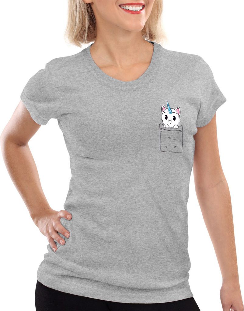 style3 Unicorn Pocket Cat Damen T-Shirt Einhorn Katze Brusttasche, Farbe:Grau meliert, Größe:XS
